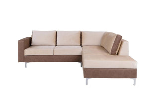 Beżowo-brązowa sofa narożna Orlando Select z metalowymi nogami i trzema poduszkami oparciowymi.